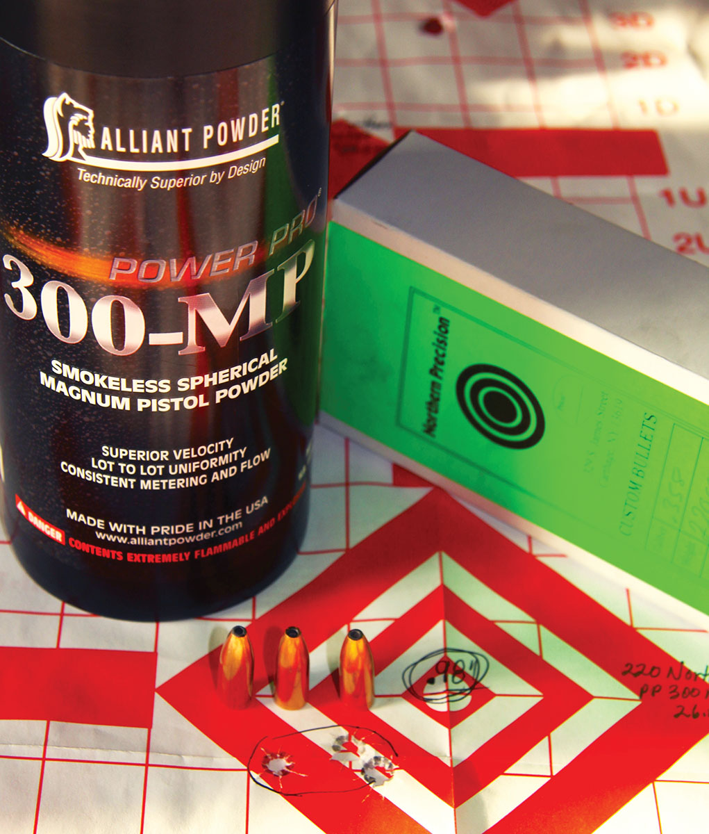 Twenty-six and a half grains of Alliant Power Pro 300 MP and Northern Precision’s 220-grain bonded-core/heavy-jacket Spitzer produced this sub-MOA group with a muzzle velocity of 2,223 fps.